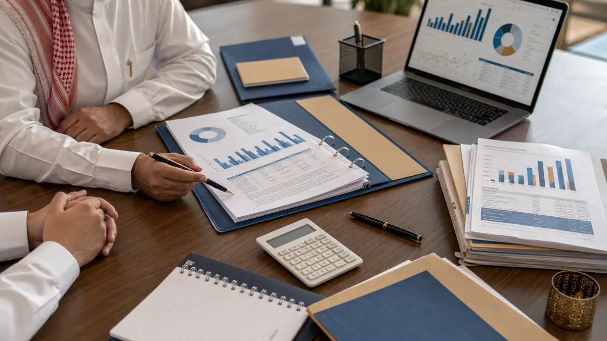 ملف تمويل بنكي ودراسة جدوى على طاولة اجتماع